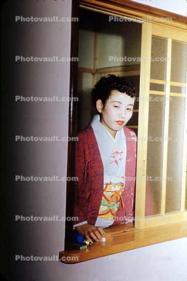 Geisha Girl in a window, Prostitute, Hooker, Japanese Brothel, Sasebo Saga Japan, 1950s