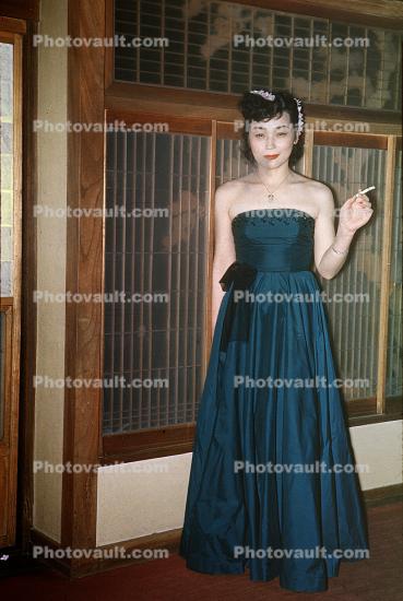 Geisha Girl Smoking, Cigarette, Long Dress, Japanese Brothel, Sasebo Saga Japan, 1950s