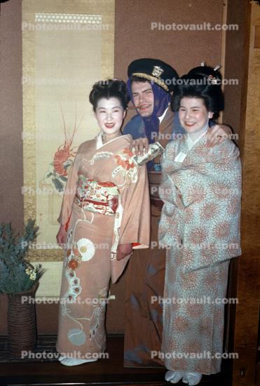Geisha Girls, Navy sailor with Cigar, funny, Sasebo Saga Japan, 1950s