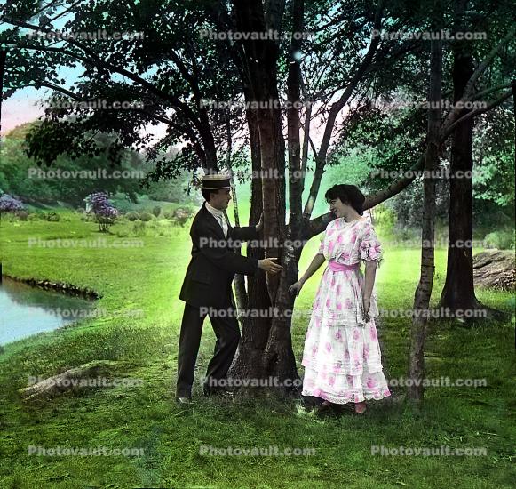 Woman, Man, Suitor, Dress, Hat, Tree, Lawn, Garden, 1950s