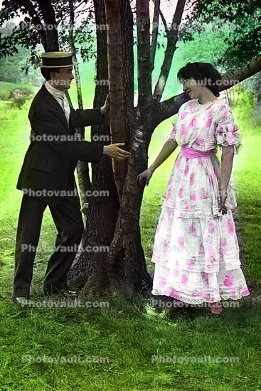 Woman, Man, Suitor, Dress, Hat, Tree, Lawn, Garden, Flowery, 1950s