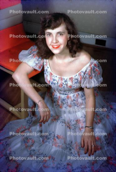 Woman, Smiles, Flowery Dress, Arms, 1950s