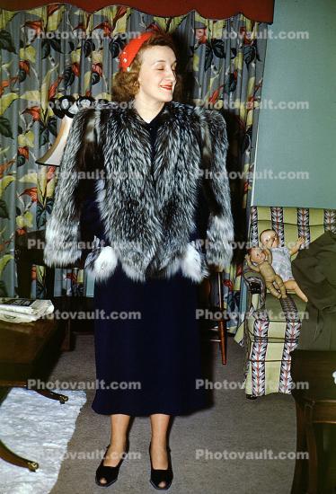 woman, fur coat, 1950s