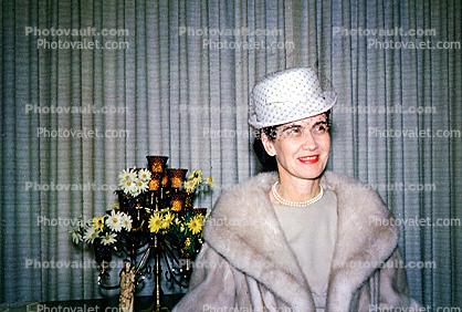 Bernice Hemphill in a Fur Coat, Hat, Elegant, flowers, curtain, 1960s
