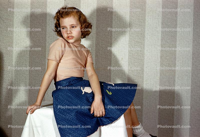 Girl Sitting, Dress, Shirt, face, shadow, 1950s