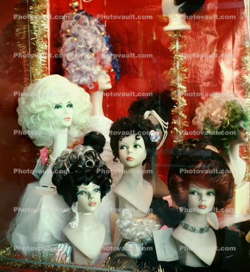 Hairdo, womens faces, window display, wild hair, wigs