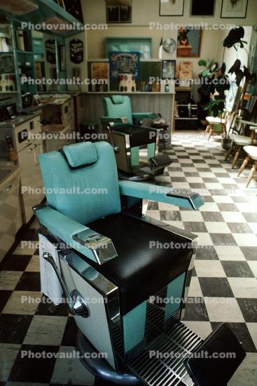 Barber shop, chairs, mirrors, checkerboard floor, mirror, americana