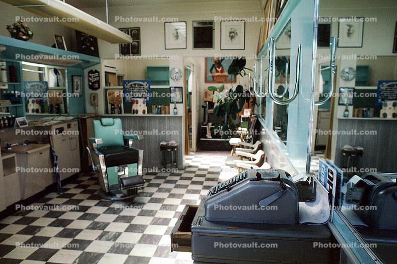 Barber shop, chairs, mirrors, checkerboard floor, mirror, americana