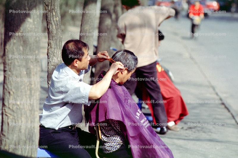 Hair Cut. barber, outside, outdoors, sidewalk, boy, man, hairstyle, Hairdo, hairdo
