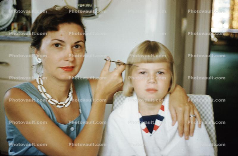 Girl, Haircut, bangs, shell necklace, woman, scissors, 1950s