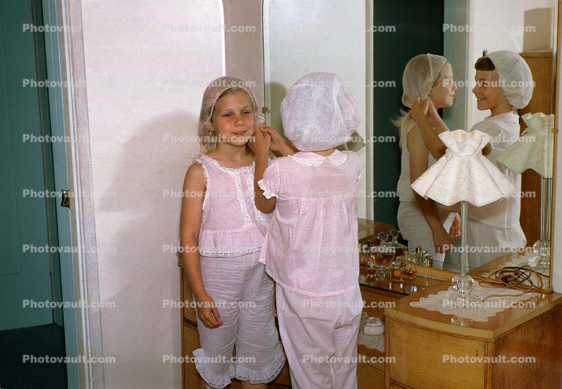 Girls doing their Hair, cut, funny, mirror, 1950s