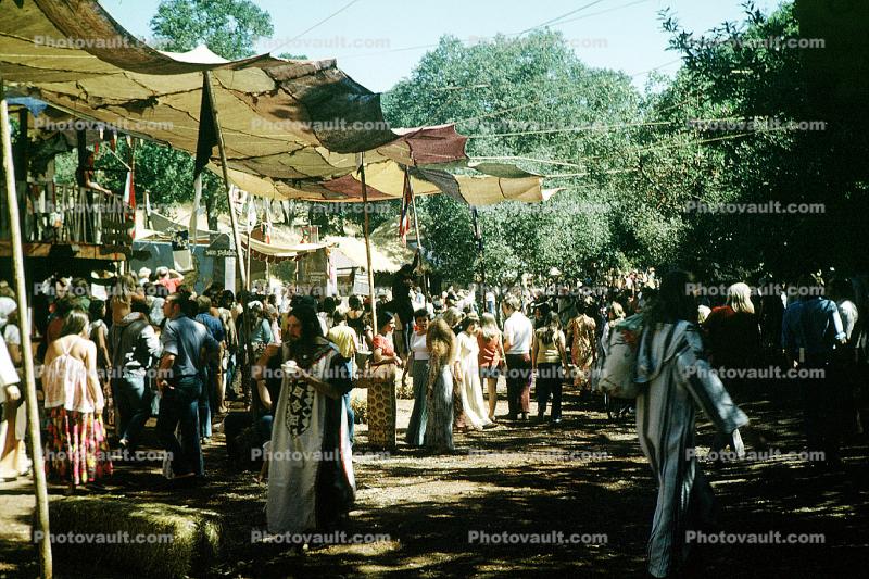 People, crowds, costumes, shady lane, path, Renaissance Faire, Black Point, September 8 1971