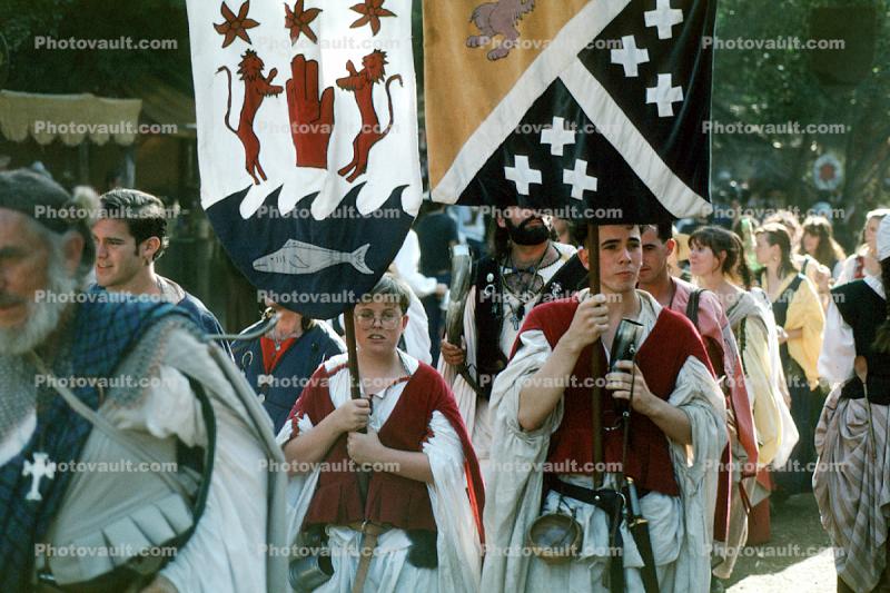 Procession, costumes, flags, men, Renaissance Faire, Septermber 27 1992