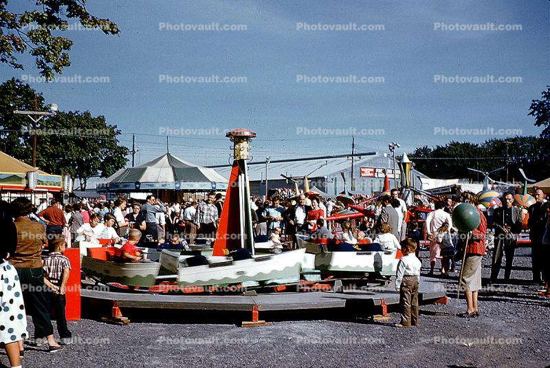 Kiddie Ride, Boats, crowds, people, County Fair, 1950s