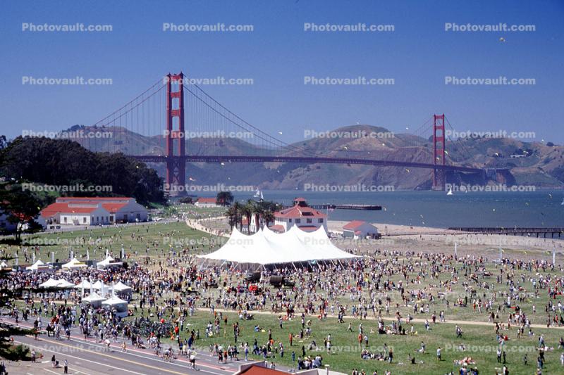 Opening Day Crissy Field, Golden Gate Bridge, Pavilion Tent, People, Crowds, Buildings, 3rd May 2001