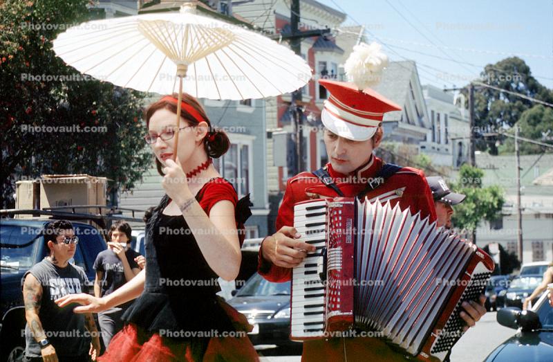 Accordion, mime, umbrella, woman, man, hat, Haight Street Fair