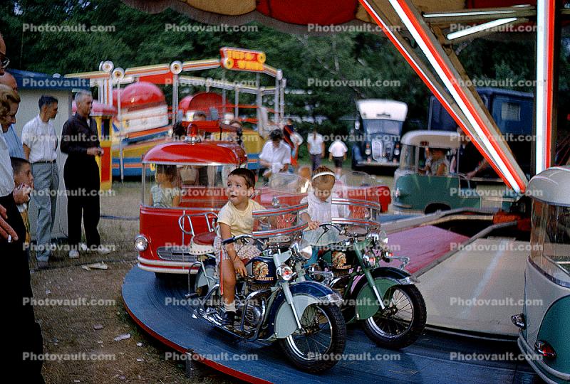 Motorcycles, Trucks, Cars, kiddie ride, 1950s
