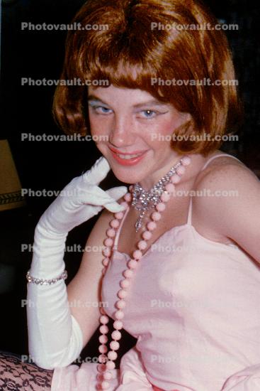 Teen, Necklace, Gloves, Dress, Redhead, Boys in Drag, Glamorous, 1960s, drag queen