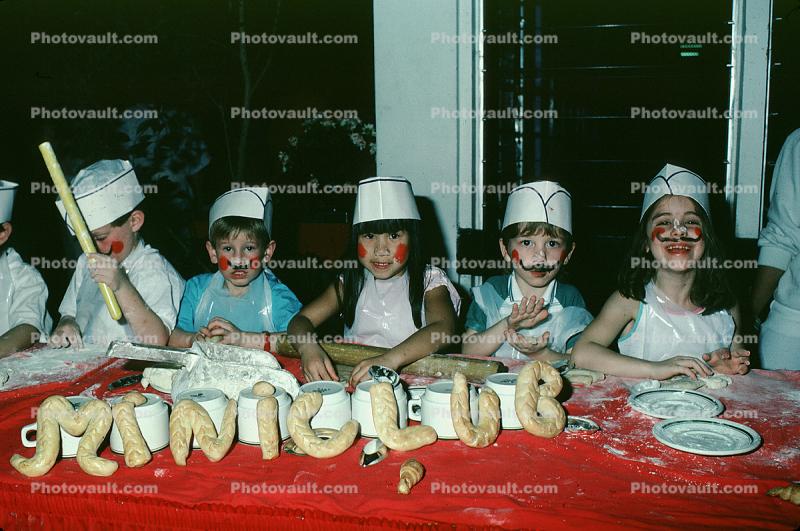 Mini Club, bakers, cooks, girls, boys, hats, rolling dough, 1960s
