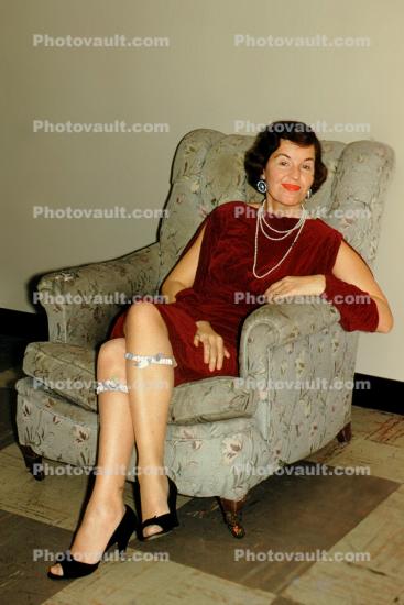 woman, pretty, chair, female, legs, leggy, high heels, necklace, dress, retro, garters, 1950s