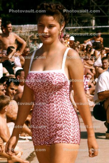Showing off to the crowds, Swimsuit Pageant, Sunny, Sun Worshippers, Poolside, 1950s