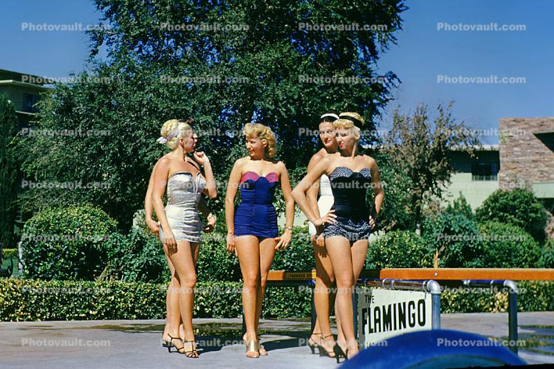 Flamingo Hotel Beauty Contest, Women, Swimsuit, Bathingsuits, Legs, Poolside, 1954, 1950s