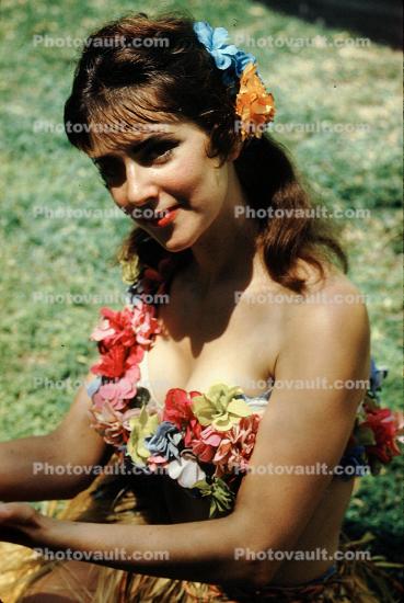 Woman, Grass Skirt, flowery, flowers