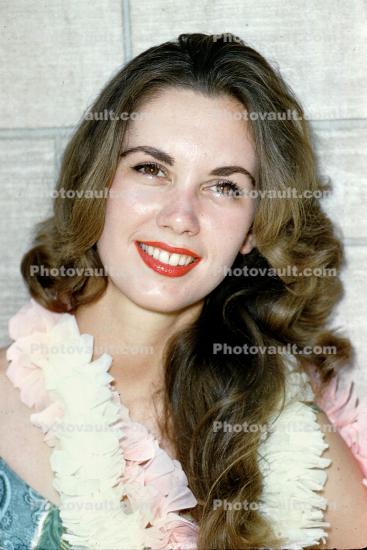 Woman, Smiles, Teeth, Lips, Lei, Flowers, Face, 1960s
