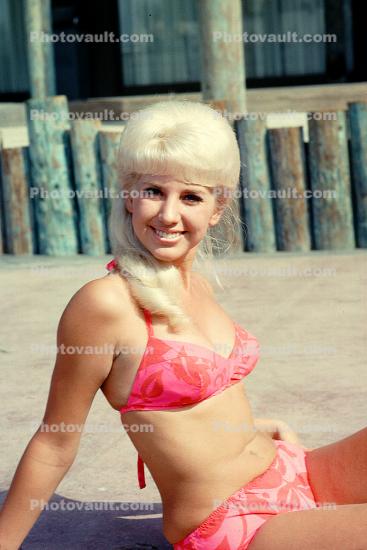 Lady, Bikini, Swimsuit, Smiles, Sun Worshipper, Blonde, 1960s