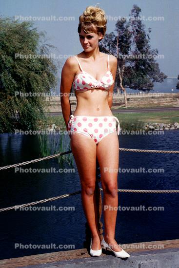 Lady, Woman, Polka-dot Bikini, Swimsuit, Sunny, Suntan, Sun Worshipper, Beehive Hairdo, 1960s, Bikini Top, Smile, bellybutton, Pageant