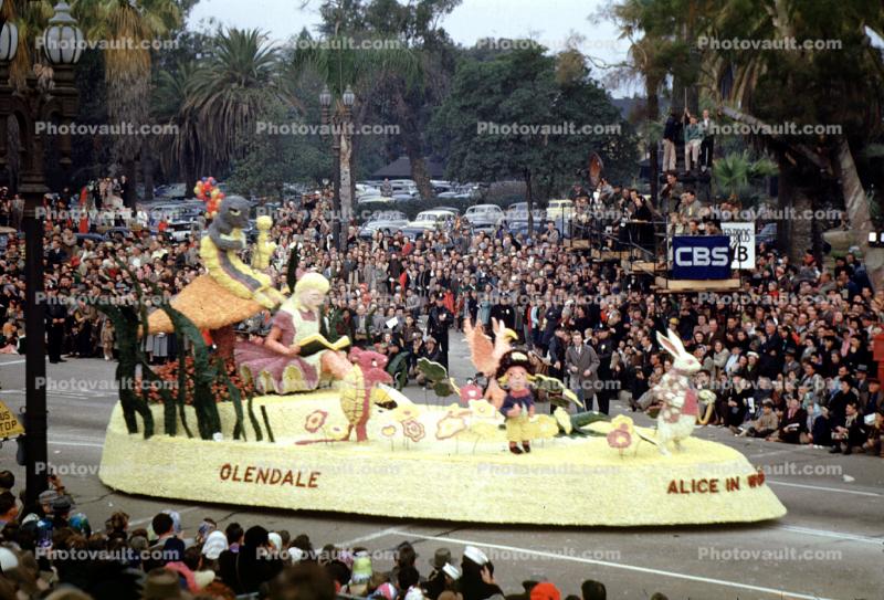 Alice in Wonderland, rabbit, pirate, worm, Glendale, Rose Parade, 1950, 1950s