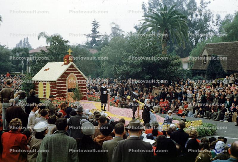 Pilgrims, Church, Log Cabin, Rose Parade, 1950, 1950s