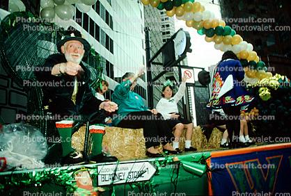 Leprechaun, Blarney Stone, balloons, Saint Patrick's Parade, down Market Street