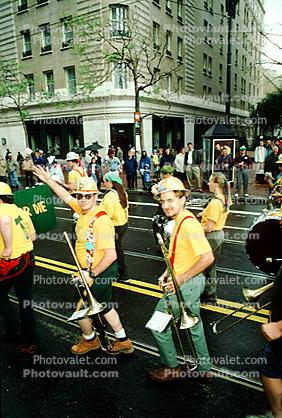 Trombone, yellow line, marching band, Saint Patrick's Parade, down Market Street