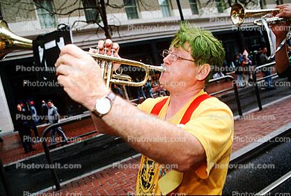 Trumpet, marching band, Saint Patrick's Parade, down Market Street