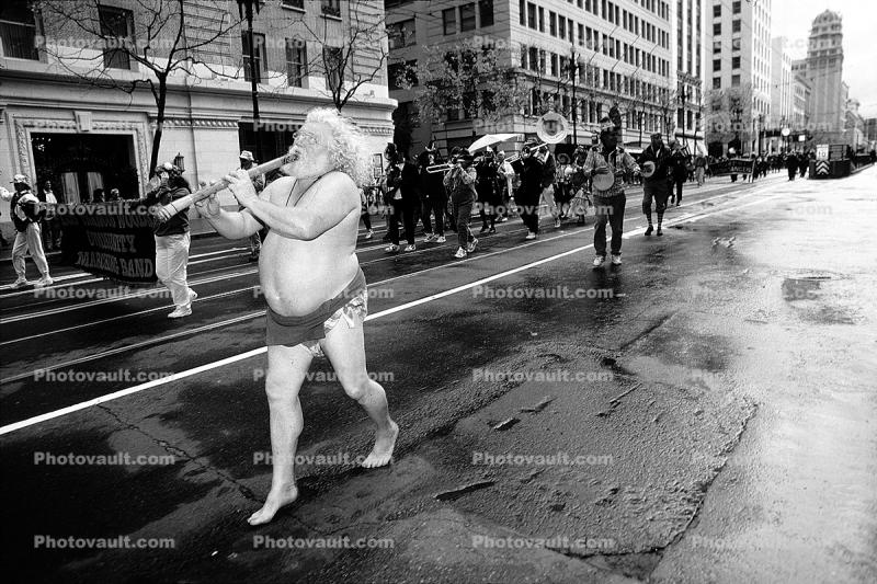 Fat Man Playing a Pipe, Marching Band, Saint Patrick's Parade, down Market Street