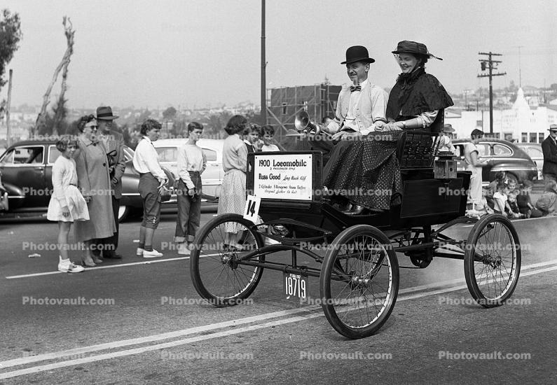 1900 Locomobile, Horseless Carriage, Man and Woman in Period Costume, Hermosa Beach 1912 Days, 1950s