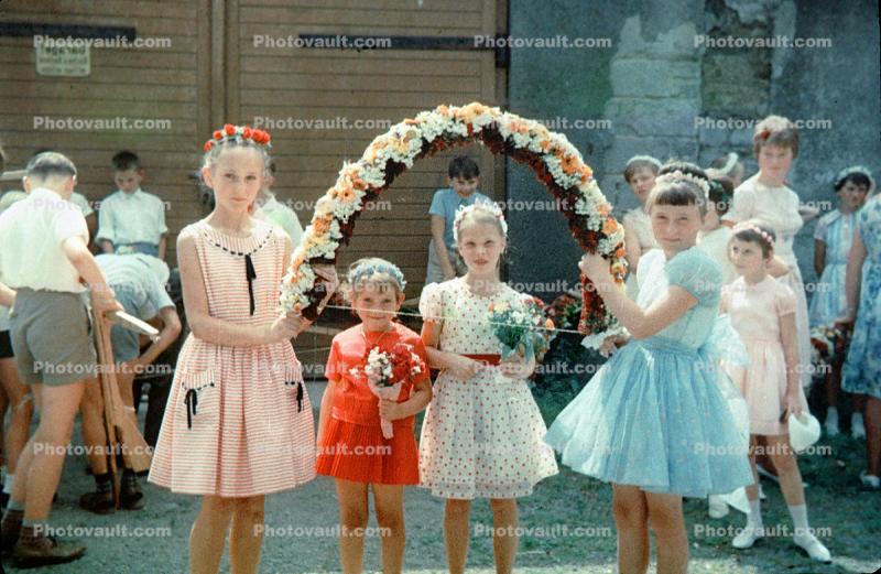 Girls, floral, dress, Easter, 1950s