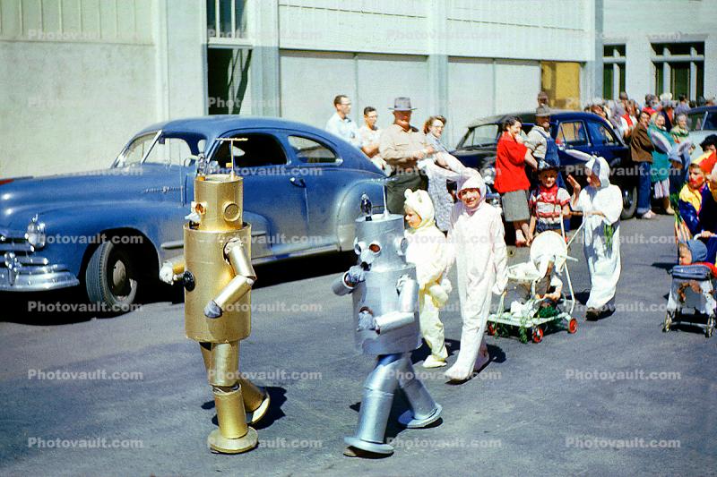 Robots on Parade, Bunny Rabbits, suits, cars, strollers, Car, automobile, 1950s