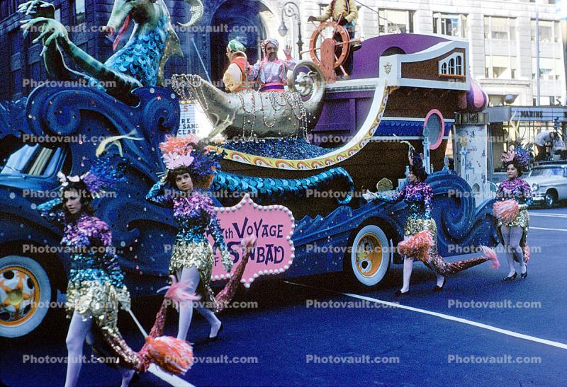 Girls, Women, Marching, Float, Mermaid, Sinbad, voyage, Alladins Lamp, 1958, 1950s