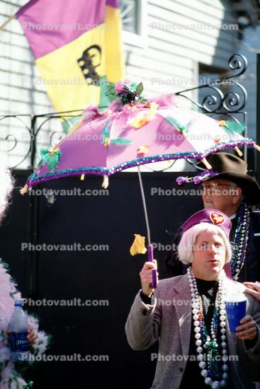 Man, Wig, Pink Umbrella, Mardi Gras, Carnival, French Quarter