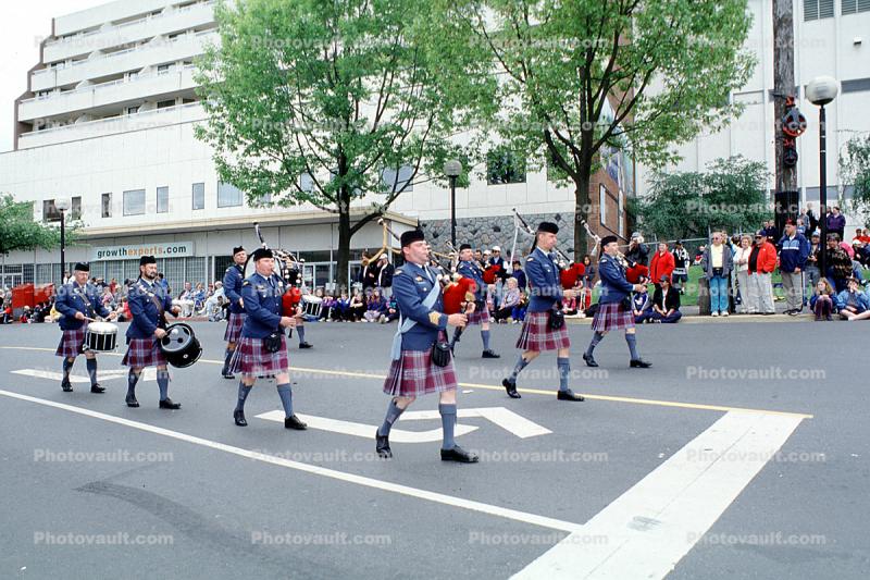 Bagpipe marching band, kilt skirts, Victoria Day Parade