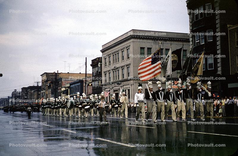 Color Guard, Marching Band, rain, Fireman's Parade, 1950s