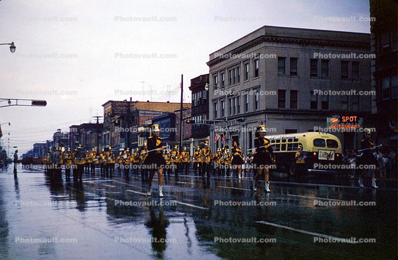 Rain, Marching Band, Baton Twirlers, Fireman's Parade, 1950s