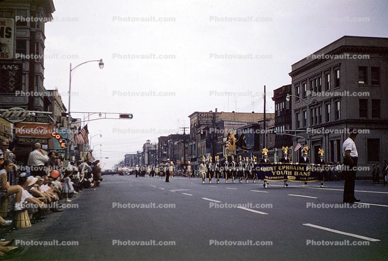 Marching Band, Fireman's Parade, Buildings, downtown, 1950s