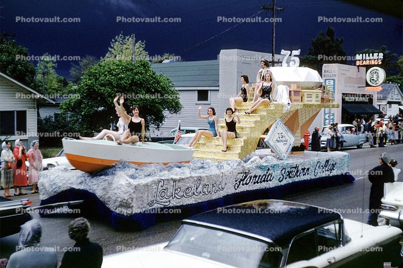 Women on a float, swimsuits, Florida Southern College, Lakeland, Boaters, Strawberry Festival, Lakeland Parade, 1950s