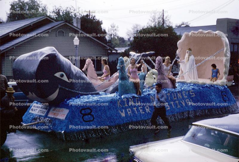 Jonah the Whale, King Neptune's Water Festival, Mermaids, Smiling Whale, Car, automobile, Lakeland Parade, 1950s
