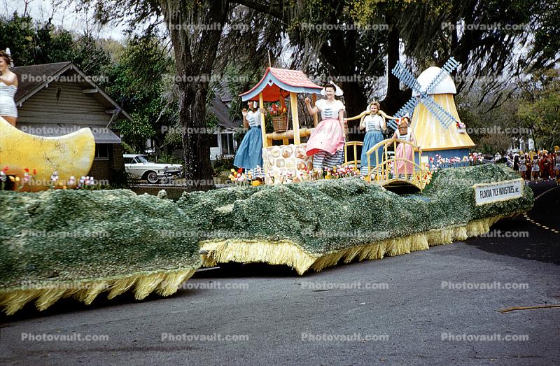 Dutch Windmill, women, costume, Florida Tile Industries float, Lakeland Parade, 1950s