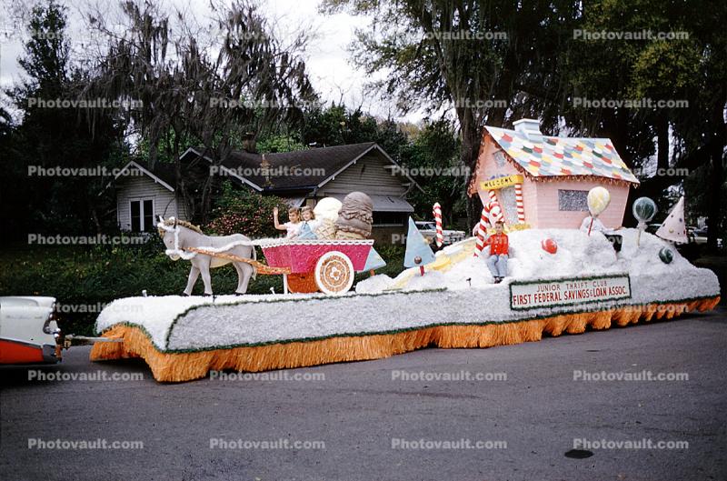 Donkey and Cart, Candy Cane House, Junior Thrift Club, Lakeland Parade, 1959, 1950s