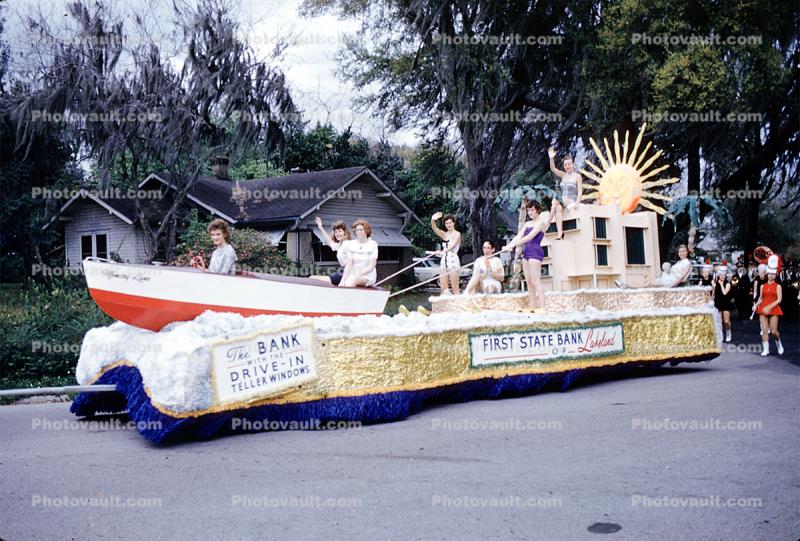 First State Bank of Lakeland, women on a boat, aio bathingsuits, Lakeland Parade, 1950s